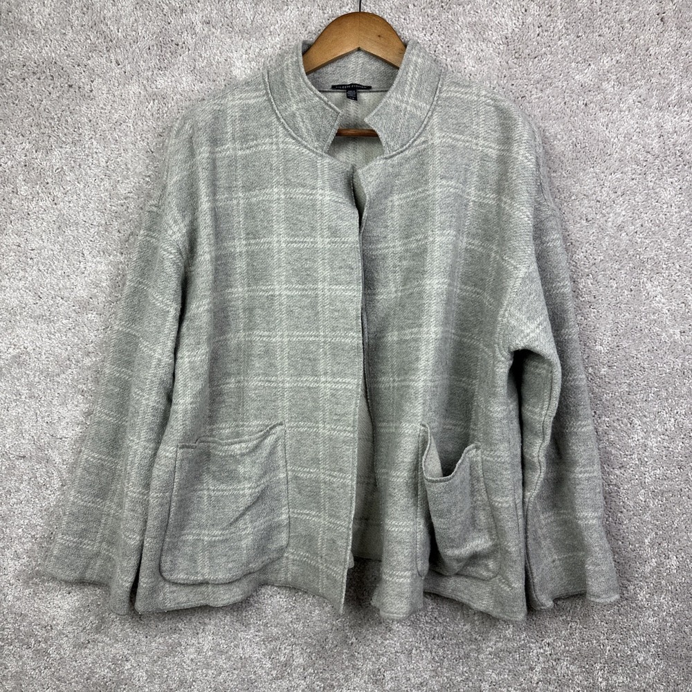 Eileen Fisher‎ Heathered Check Wool Blend High-Collar Coat Dark Pearl Sz Large
